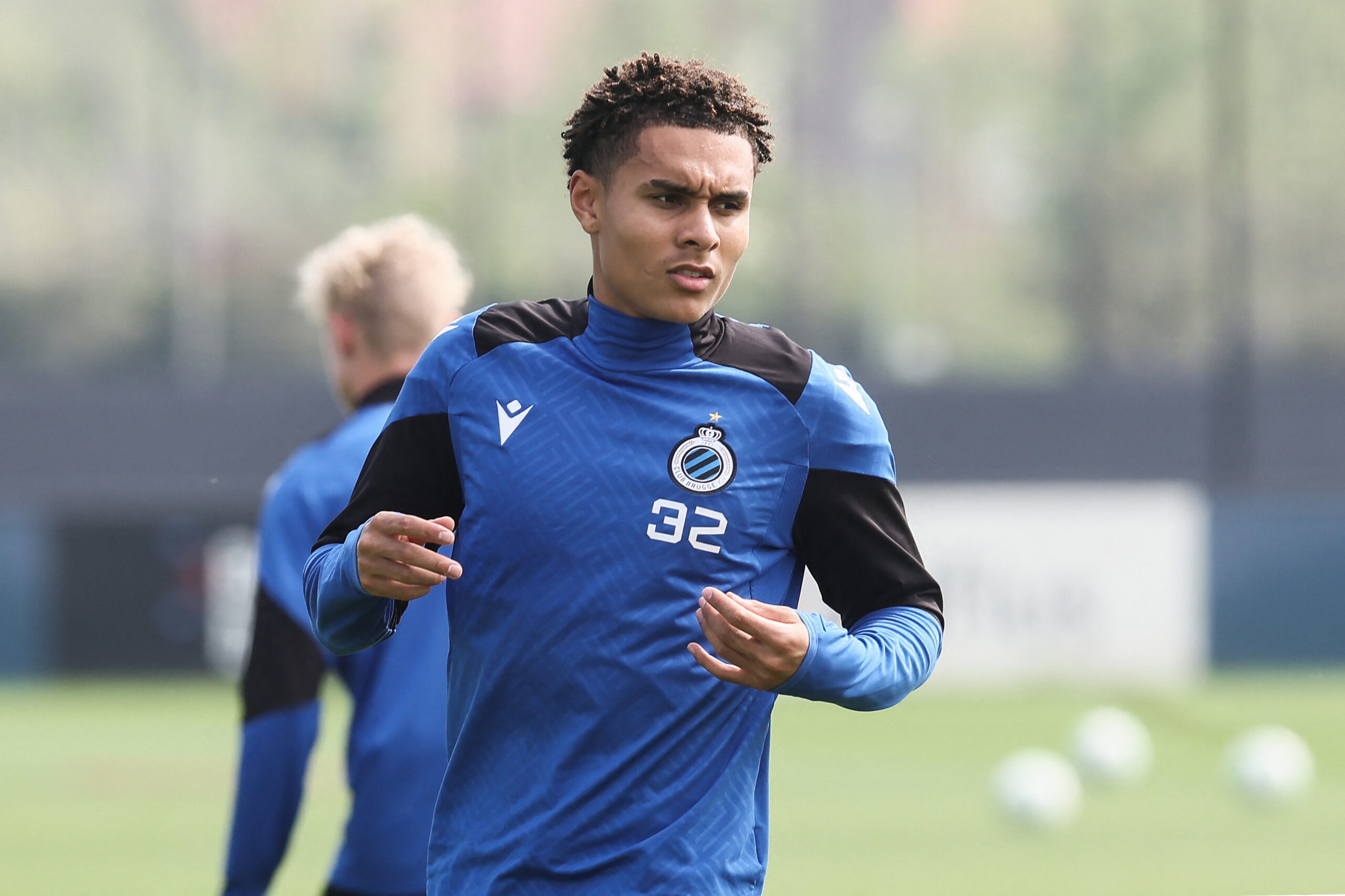 Club's Norwegian winger #32 Antonio Nusa reacts during a training session in Knokke-Heist on May 7, 2024, on the eve of the UEFA Conference League semi-final second leg football match against Italian club AF Fiorentina. 