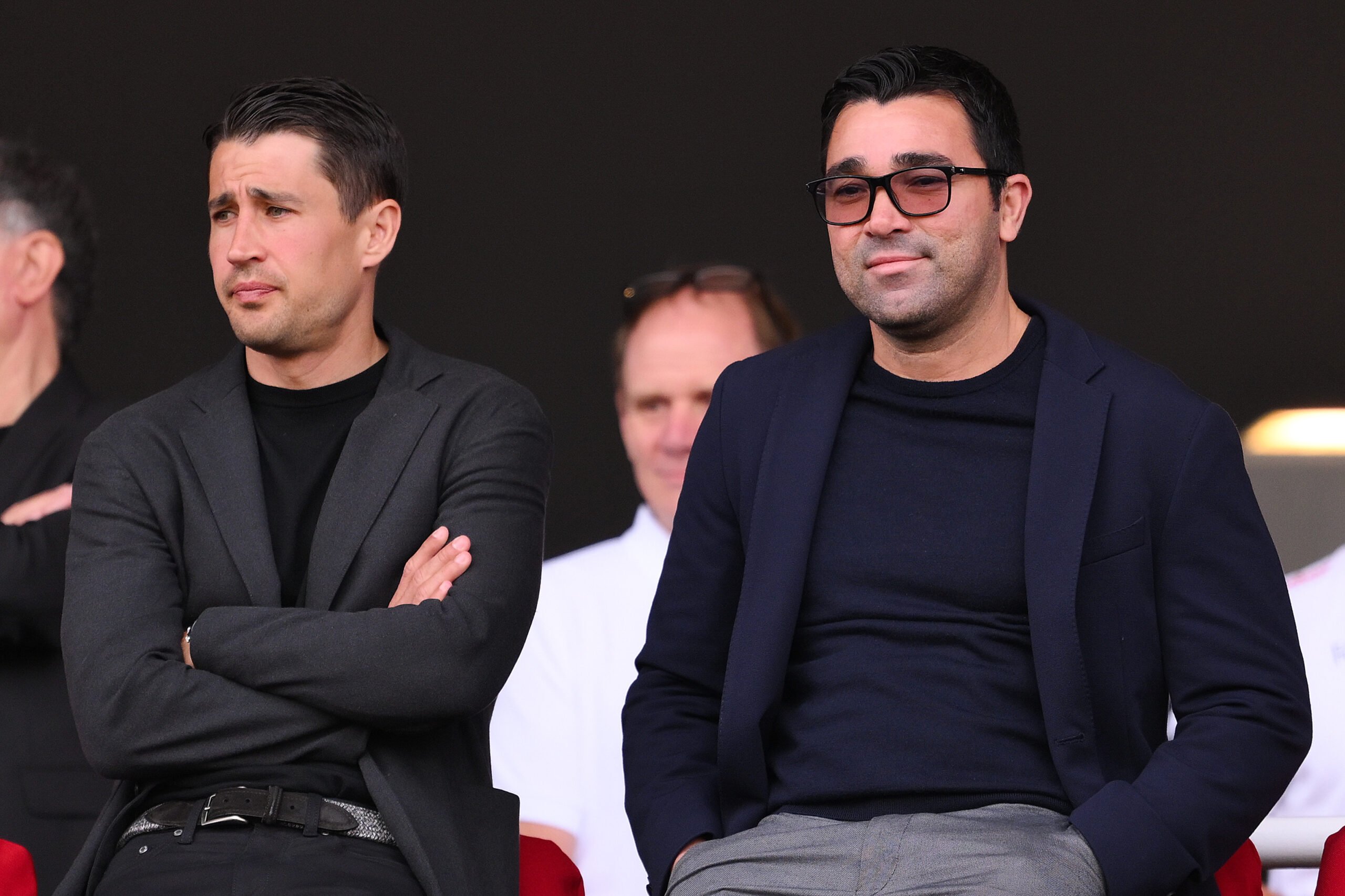 BARCELONA, SPAIN - MAY 19: FC Barcelona football Coordinator Bojan Krkic and FC Barcelona Sports Director Deco look on from the stands during the LaLiga EA Sports match between FC Barcelona and Rayo Vallecano at Estadi Olimpic Lluis Companys on May 19, 2024 in Barcelona, Spain.