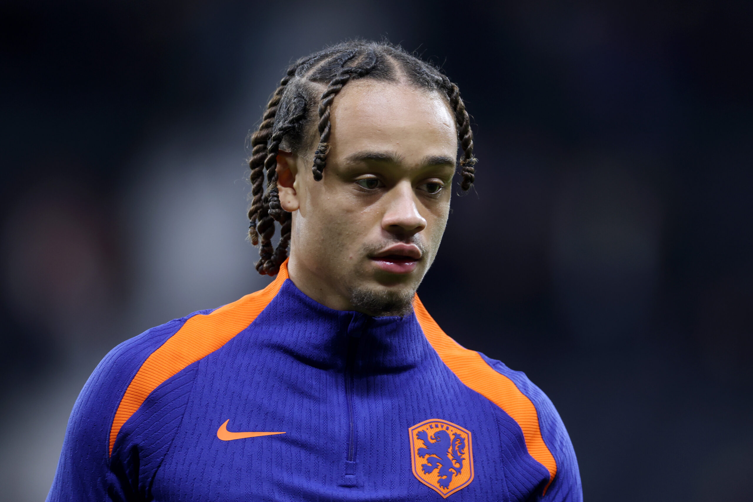FRANKFURT AM MAIN, GERMANY - MARCH 26: Xavi Simons ( Former Barcelona academy graduate ) of Netherlands warms up prior to the International Friendly match between Germany and Netherlands at Deutsche Bank Park on March 26, 2024 in Frankfurt am Main, Germany.