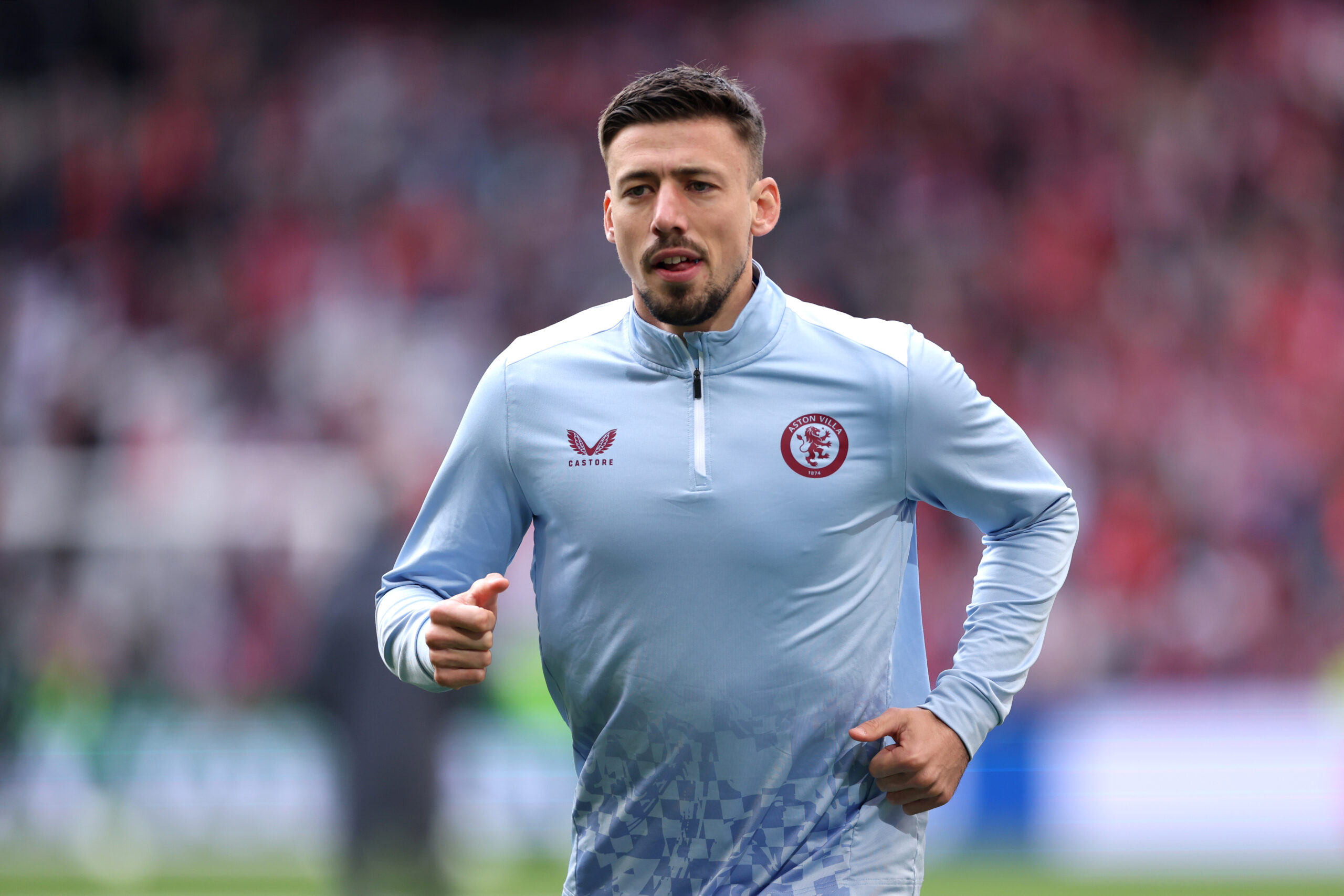LILLE, FRANCE - APRIL 18: Clement Lenglet of Aston Villa warms up during the UEFA Europa Conference League 2023/24 Quarter-final second leg match between Lille OSC and Aston Villa at Stade Pierre-Mauroy on April 18, 2024 in Lille, France.