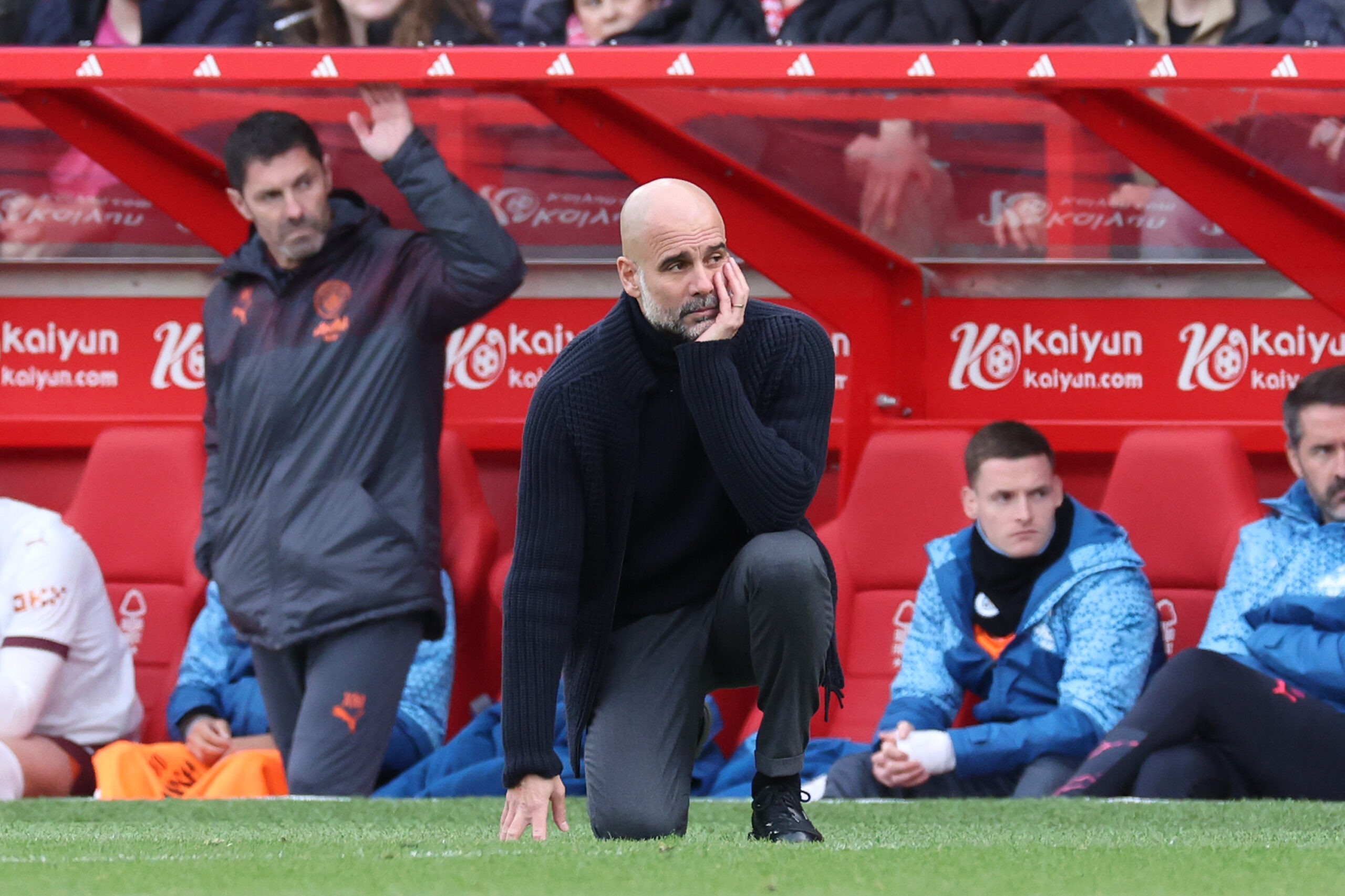 NOTTINGHAM, ENGLAND - APRIL 28: Pep Guardiola, Manager of Manchester City, looks on during the Premier League match between Nottingham Forest and Manchester City at City Ground on April 28, 2024 in Nottingham, England.