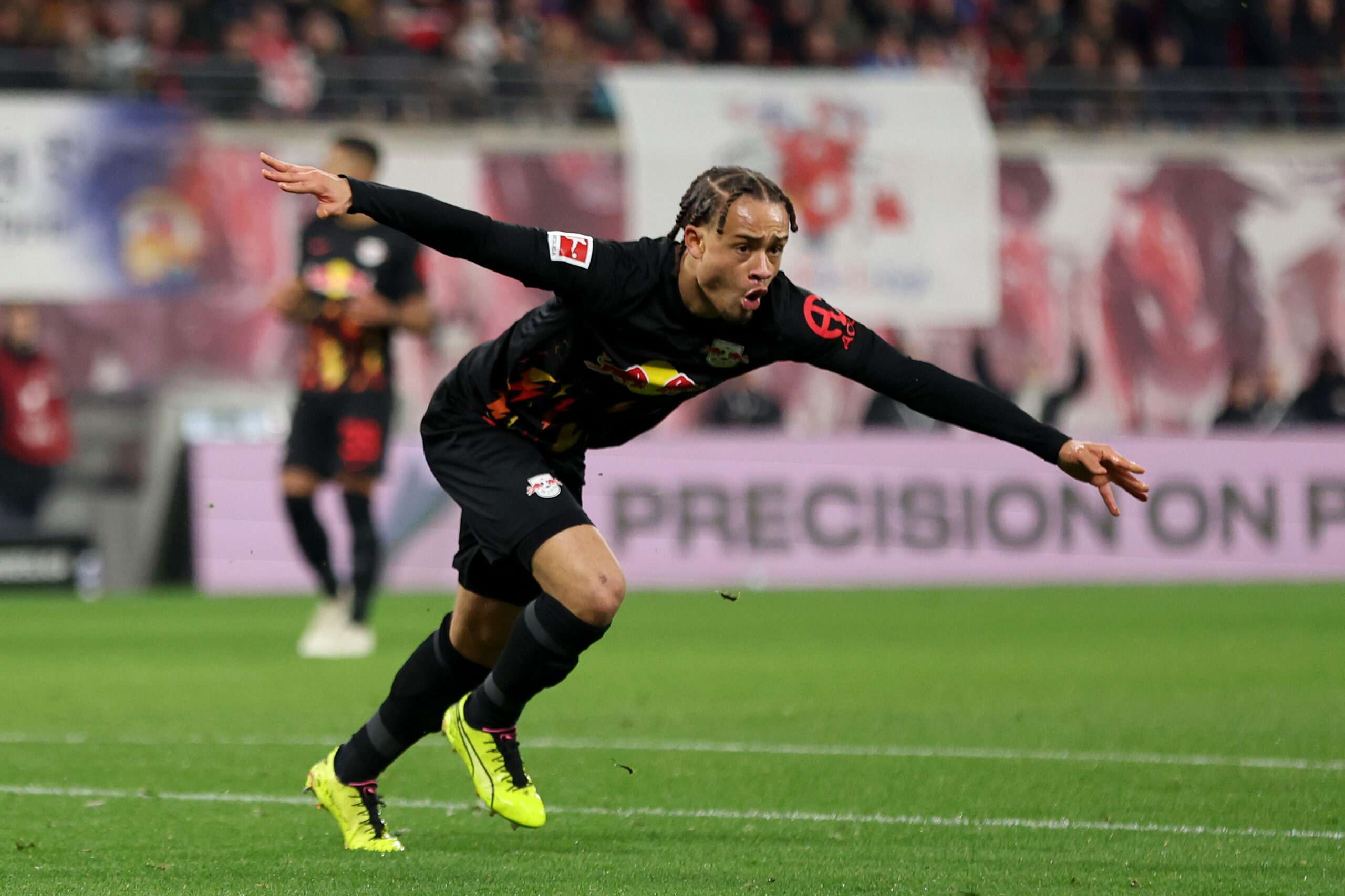 LEIPZIG, GERMANY - FEBRUARY 17: Xavi Simons of RB Leipzig celebrates scoring his team's first goal during the Bundesliga match between RB Leipzig and Borussia Mönchengladbach at Red Bull Arena on February 17, 2024 in Leipzig, Germany.