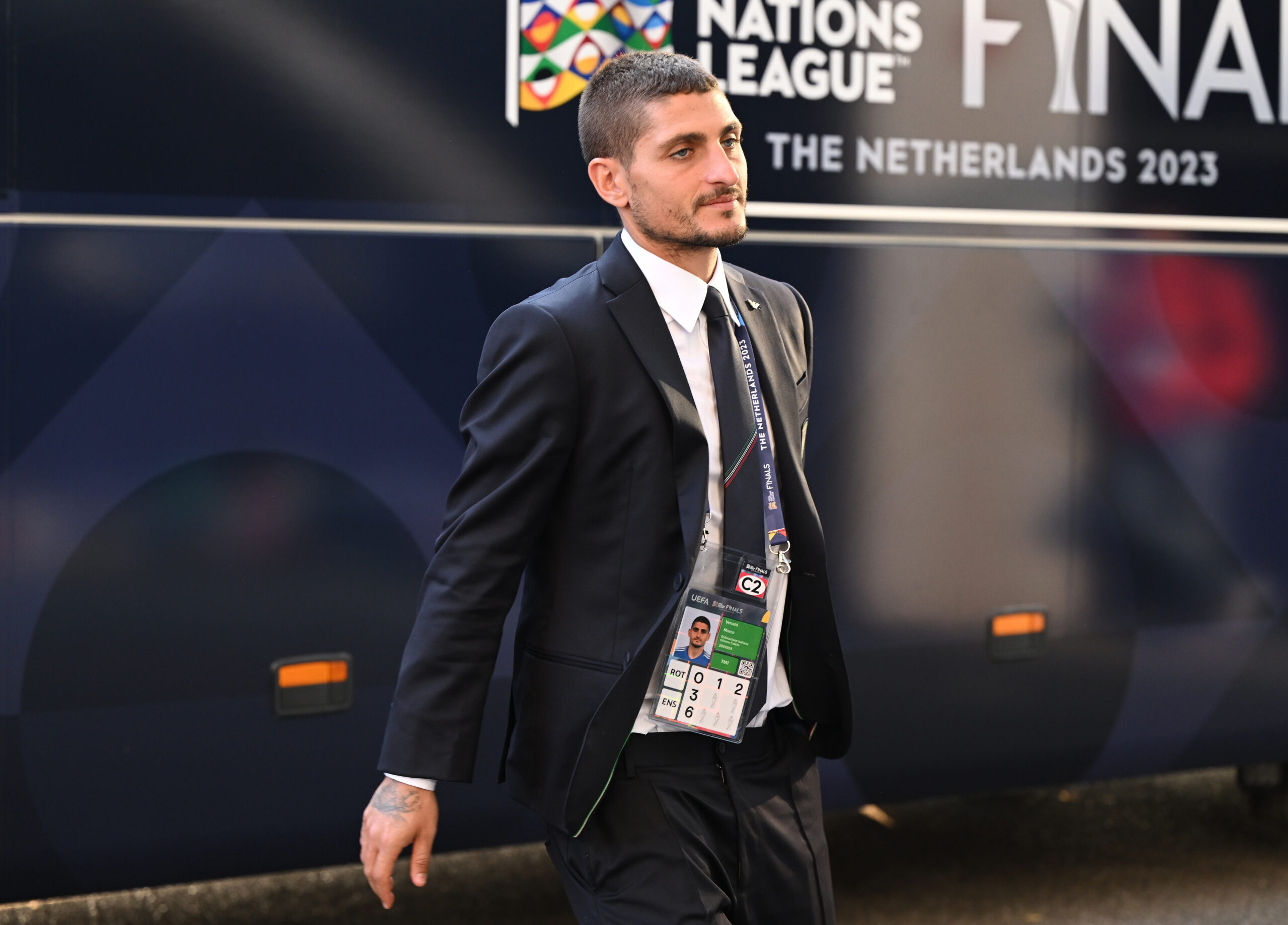 ENSCHEDE, NETHERLANDS - JUNE 15: Marco Verratti of Italy arrives before the UEFA Nations League 2022/23 semifinal match between Spain and Italy at FC Twente Stadium on June 15, 2023 in Enschede, Netherlands.