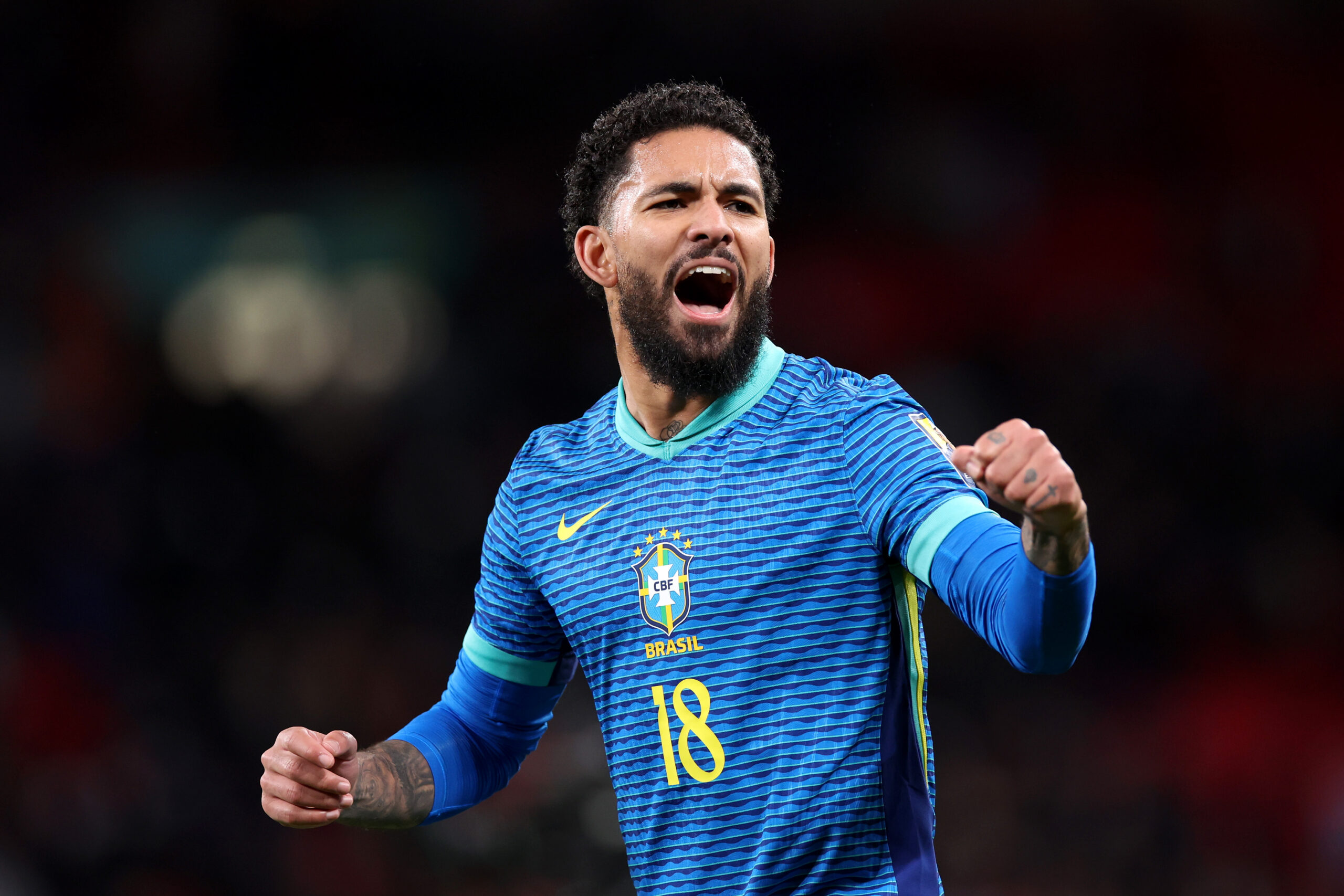 LONDON, ENGLAND - MARCH 23: Douglas Luiz of Brazil celebrates after the team's victory during the international friendly match between England and Brazil at Wembley Stadium on March 23, 2024 in London, England.