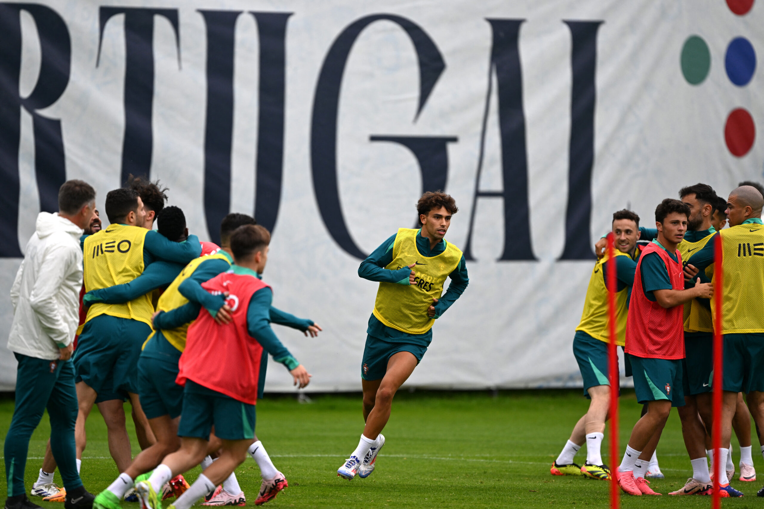 Portugal's forward #11 Joao Felix (C) along with his teammates take part in a training session at the team base in Harsewinkel, western Germany on June 16, 2024, during the UEFA Euro 2024 Football Championship.