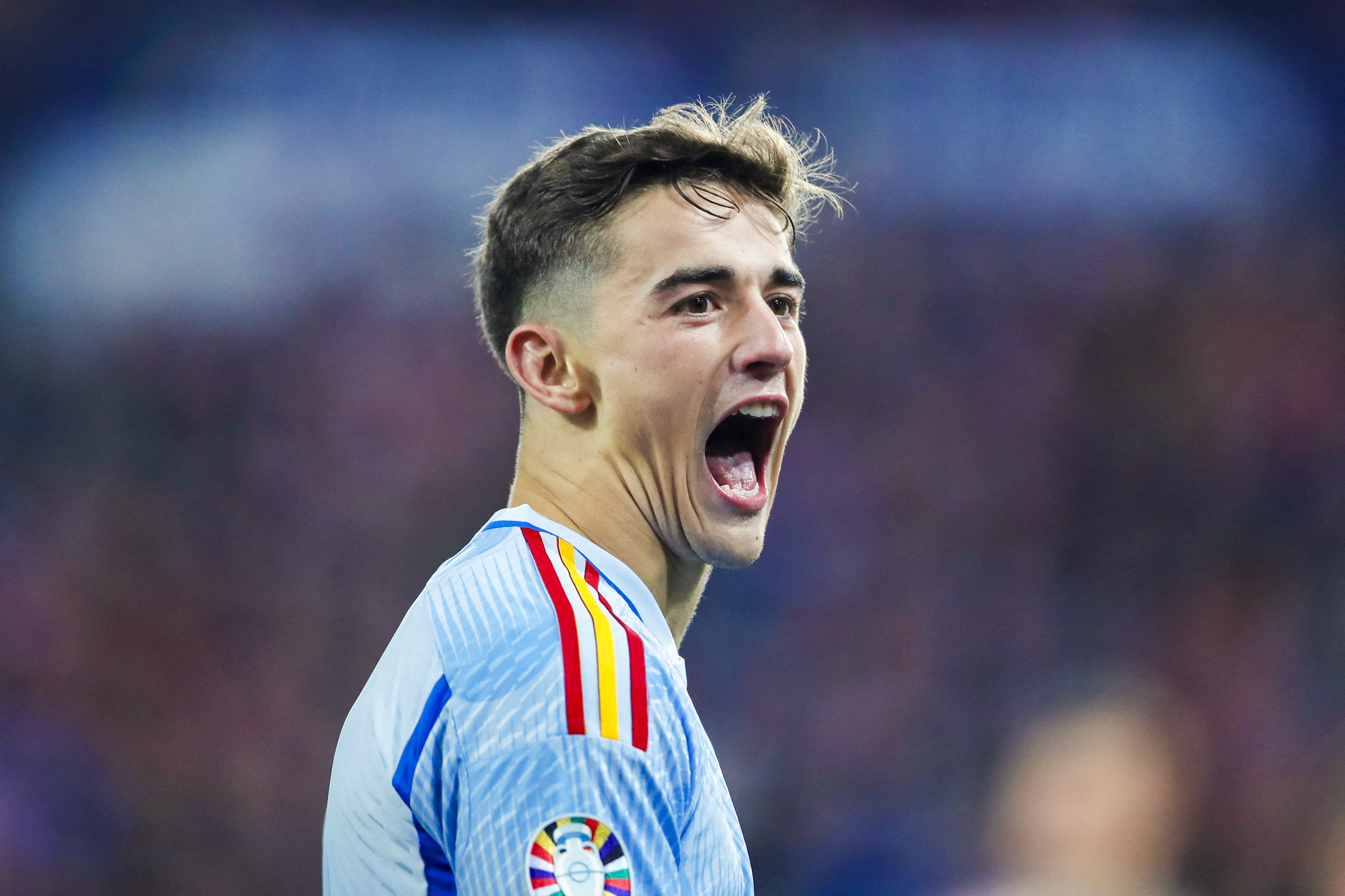 Spain's midfielder #09 Gavi celebrates scoring the opening goal during the UEFA Euro 2024 group A qualification football match between Norway and Spain at the Ullevaal Stadium in Oslo, Norway, on October 15, 2023.