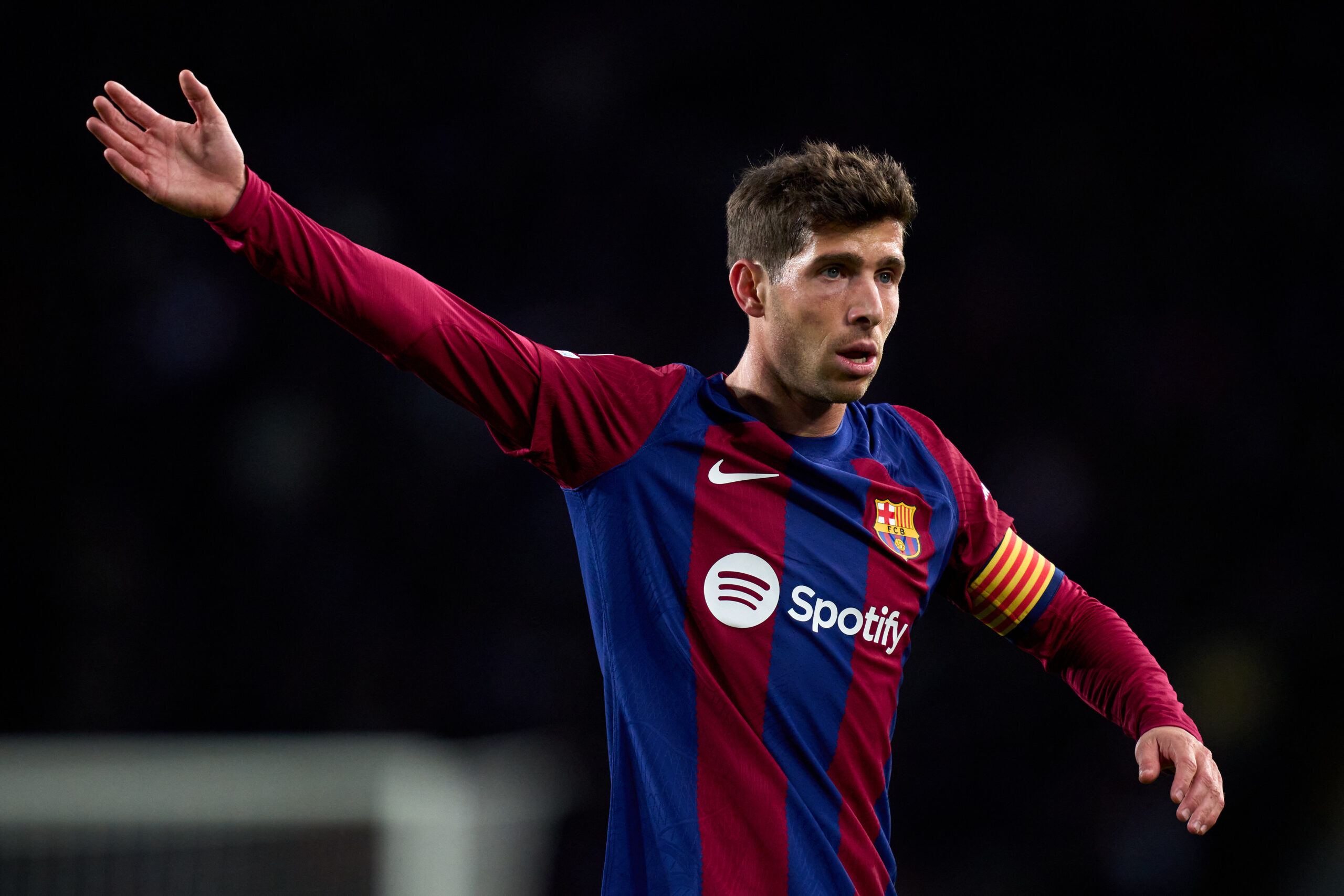 BARCELONA, SPAIN - MARCH 12: Sergi Roberto of FC Barcelona reacts during the UEFA Champions League 2023/24 round of 16 second leg match between FC Barcelona and SSC Napoli at Estadi Olimpic Lluis Companys on March 12, 2024 in Barcelona, Spain.