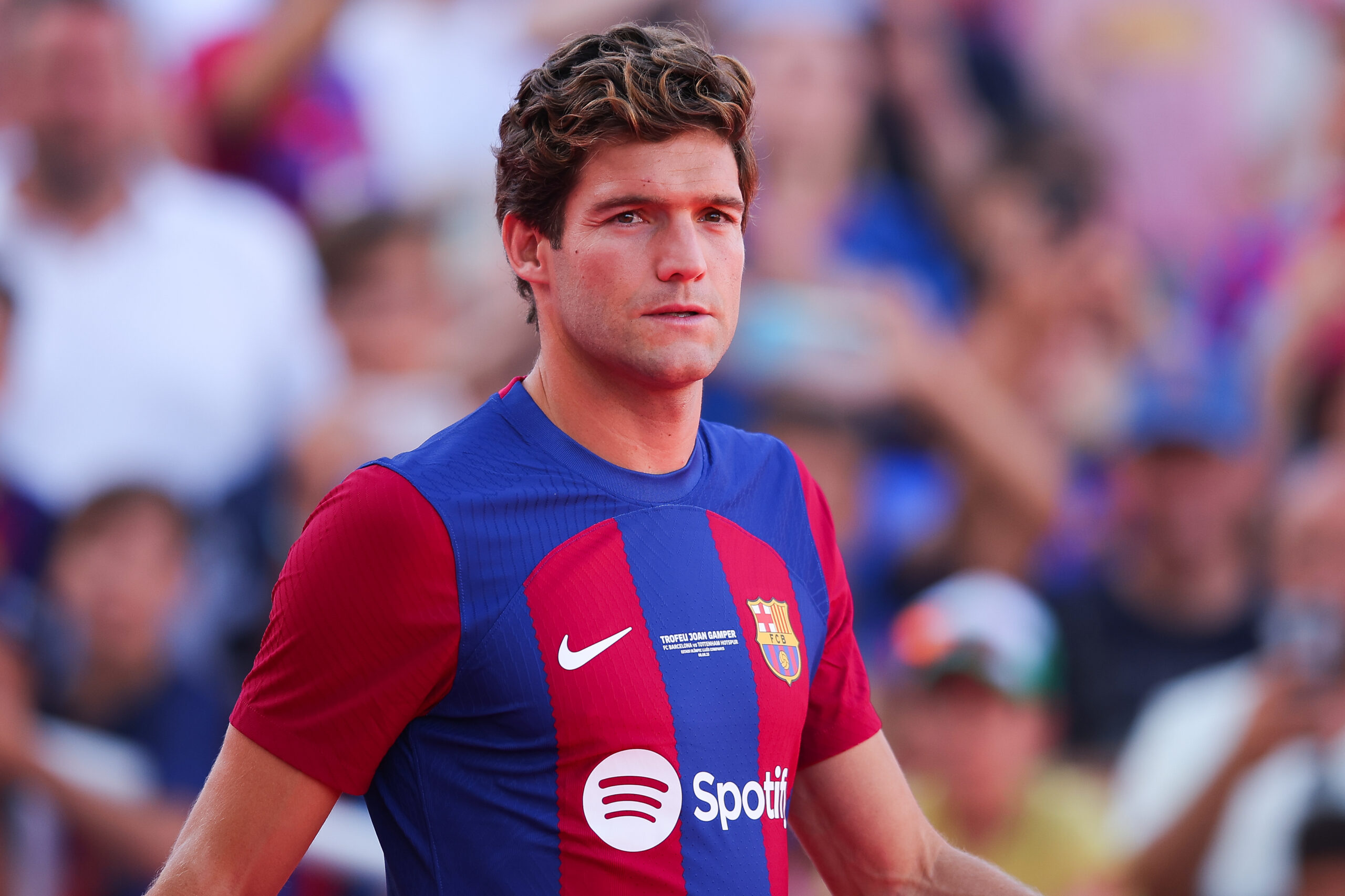 BARCELONA, SPAIN - AUGUST 08: Marcos Alonso of FC Barcelona waves the supporters during the presentation prior to the Joan Gamper Trophy match between FC Barcelona and Tottenham Hotspur at Estadi Olimpic Lluis Companys on August 08, 2023 in Barcelona, Spain.