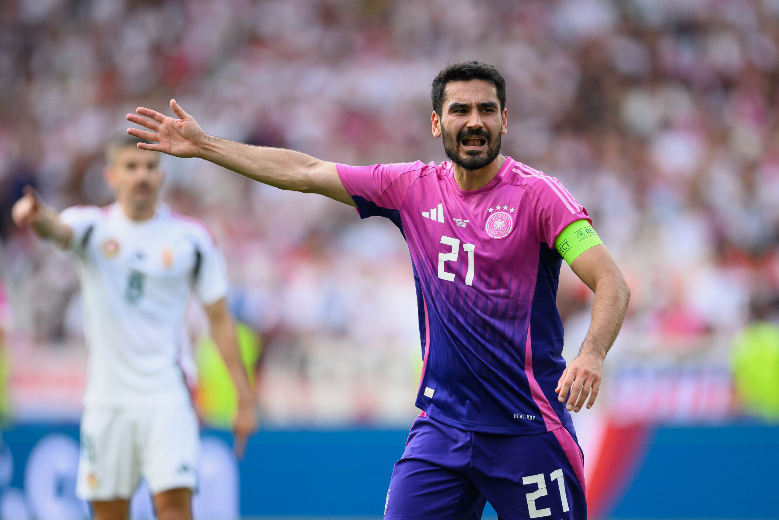 STUTTGART, GERMANY - JUNE 19: Ilkay Guendogan of Germany gestures during the UEFA EURO 2024 group stage match between Germany and Hungary at Stuttgart Arena on June 19, 2024 in Stuttgart, Germany.