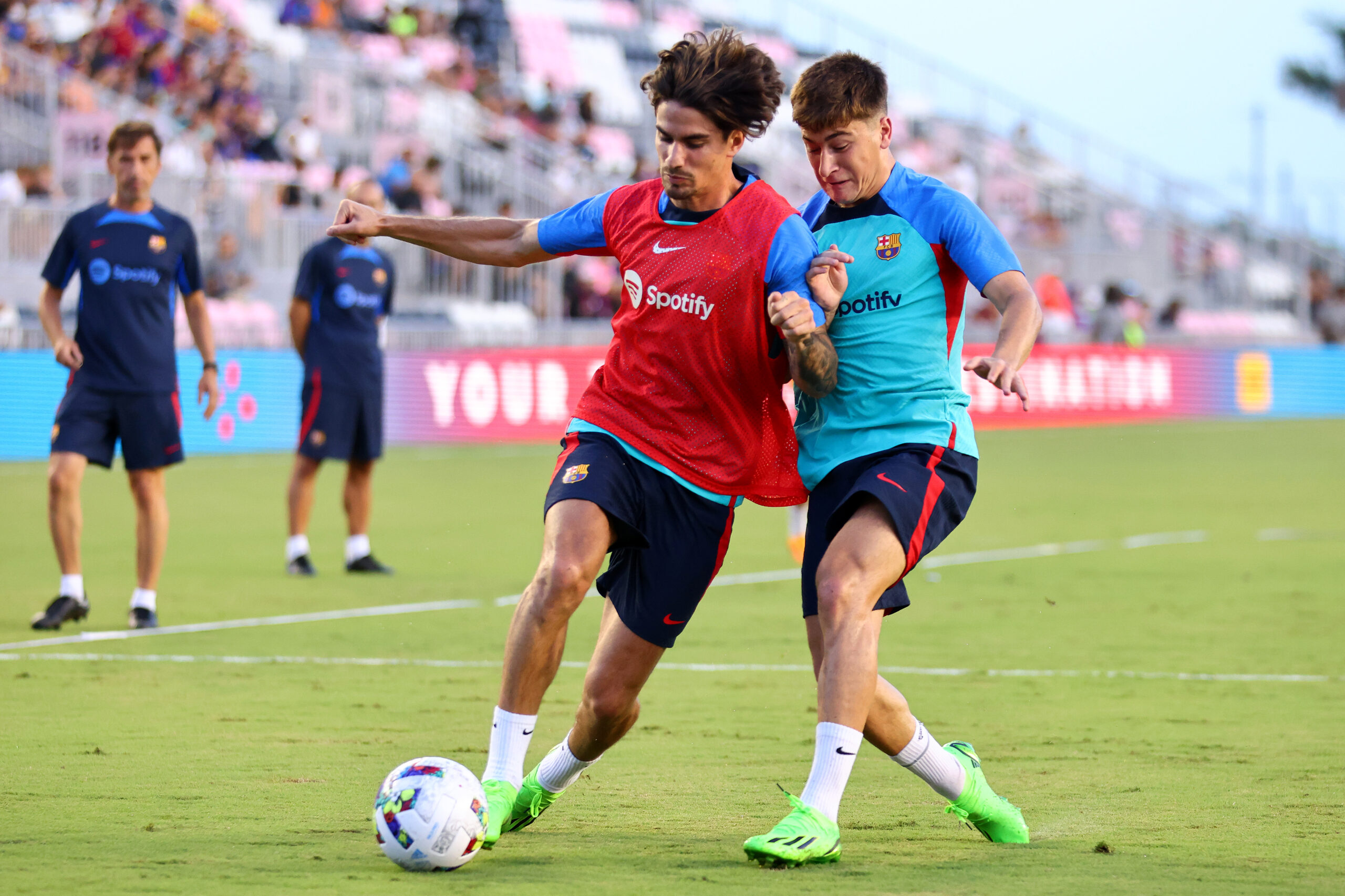 FORT LAUDERDALE, FLORIDA - JULY 18: Alex Collado (L) and Pablo Torre of FC Barcelona participate in a training session ahead of the preseason friendly against Inter Miami CF at DRV PNK Stadium on July 18, 2022 in Fort Lauderdale, Florida.