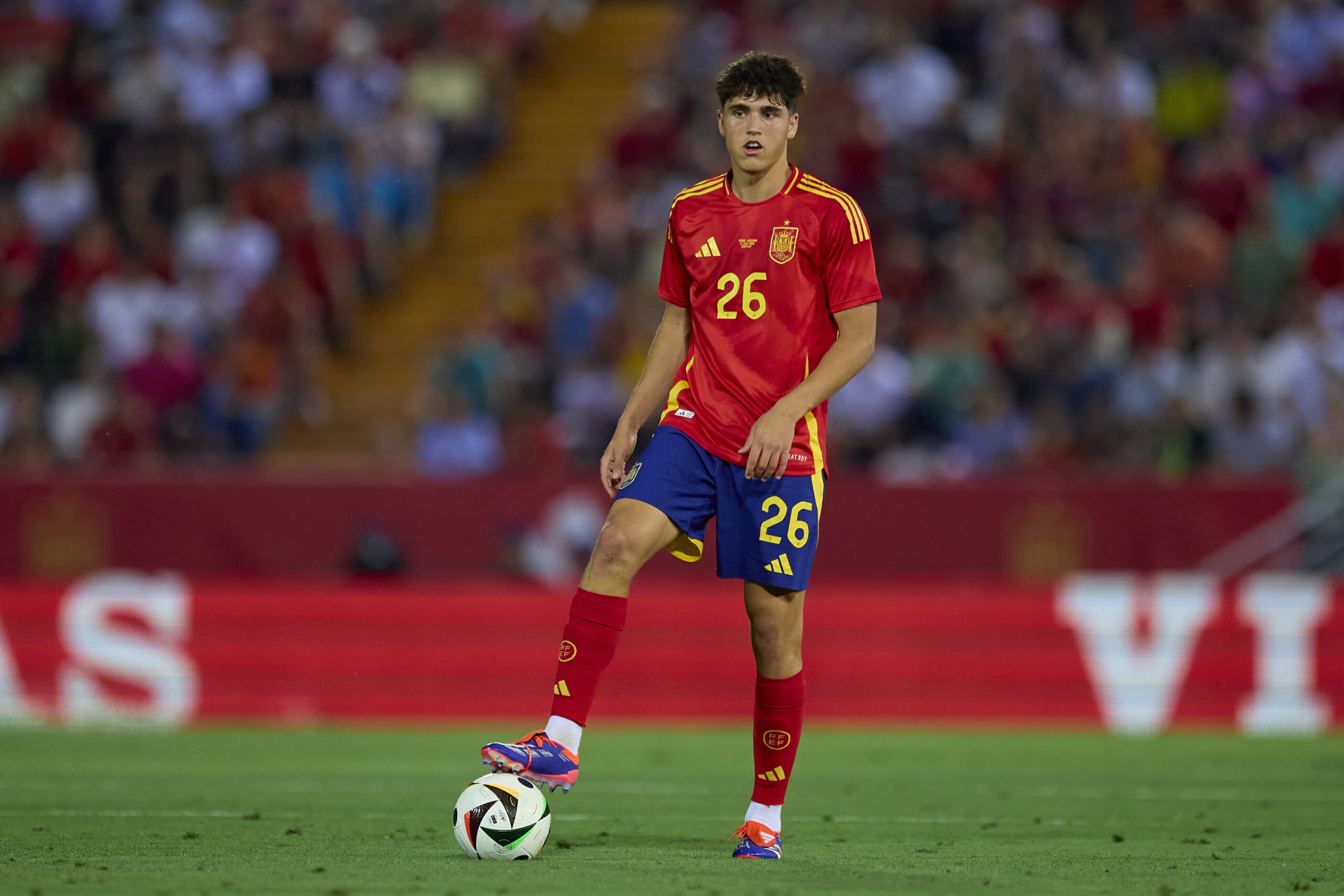 BADAJOZ, SPAIN - JUNE 05: Pau Cubarsi of Spain in action during an International Friendly Match between Spain and Andorra at Nuevo Vivero on June 05, 2024 in Badajoz, Spain.