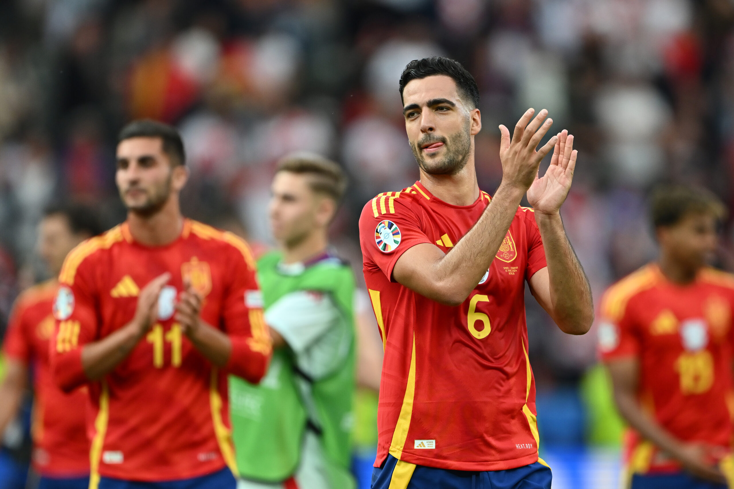 BERLIN, GERMANY - JUNE 15: Mikel Merino of Spain applauds the fans after the team's victory in the UEFA EURO 2024 group stage match between Spain and Croatia at Olympiastadion on June 15, 2024 in Berlin, Germany.