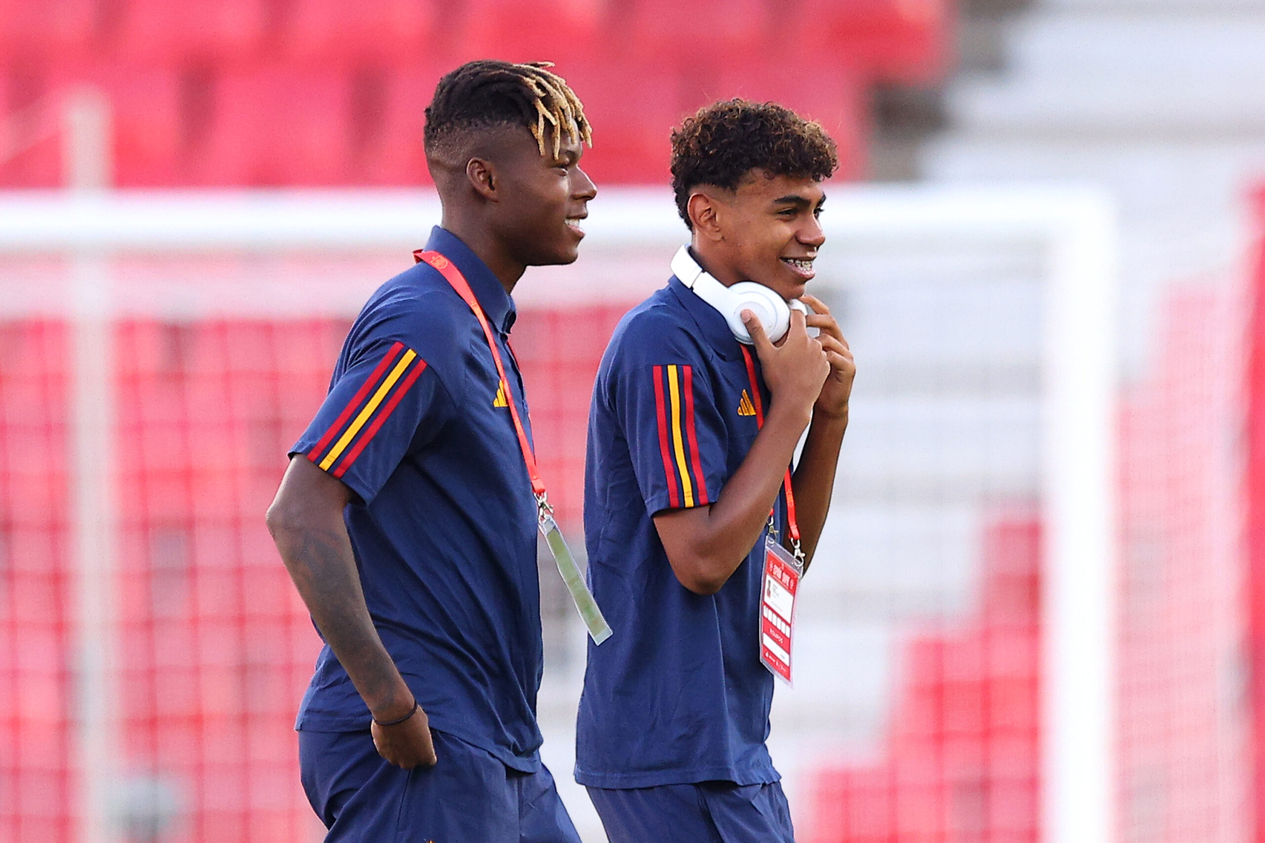 GRANADA, SPAIN - SEPTEMBER 12: Nico Williams and Lamine Yamal of Spain inspect the pitch prior to the UEFA EURO 2024 European qualifier match between Spain and Cyprus at Estadio Nuevo Los Carmenes on September 12, 2023 in Granada, Spain.