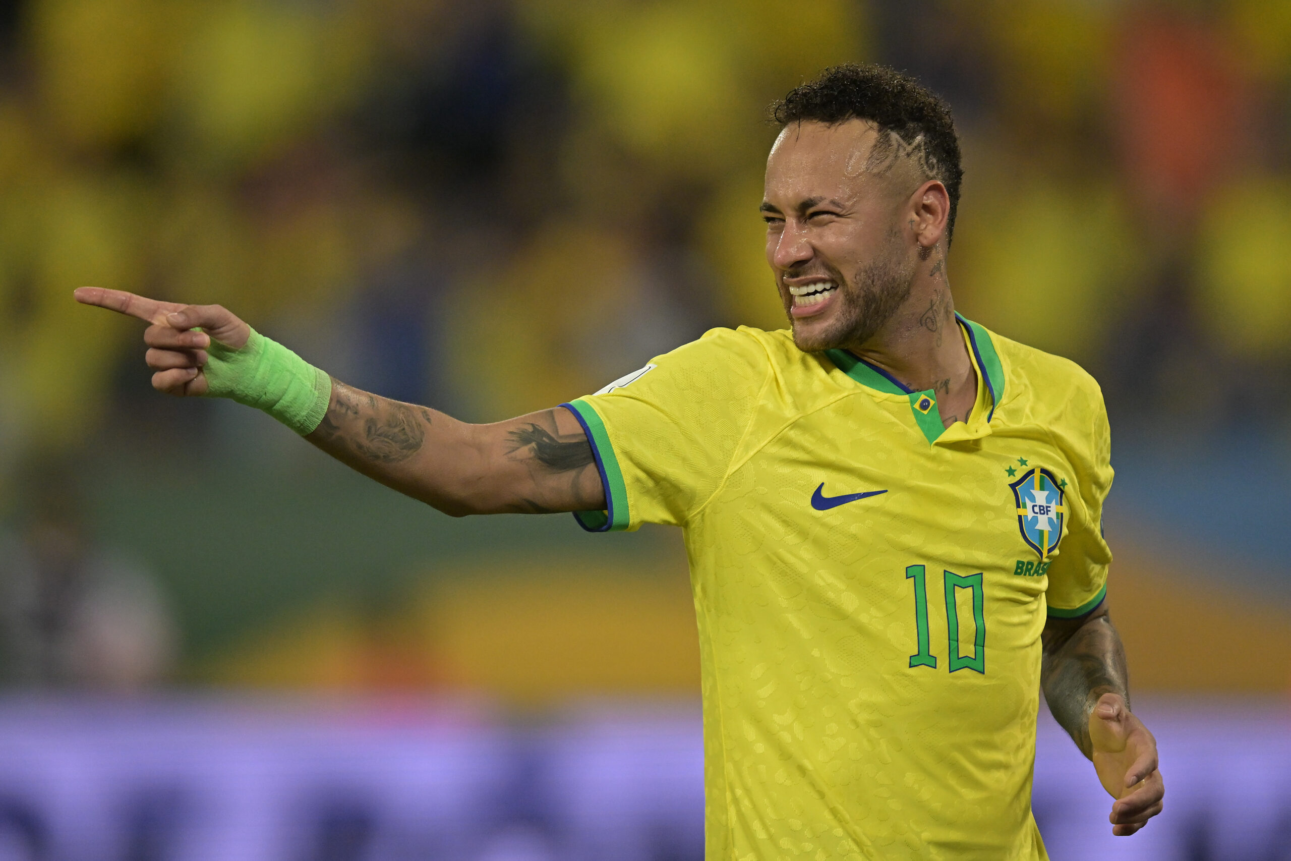 CUIABA, BRAZIL - OCTOBER 12: Neymar Jr. of Brazil reacts during a FIFA World Cup 2026 Qualifier match between Brazil and Venezuela at Arena Pantanal on October 12, 2023 in Cuiaba, Brazil.