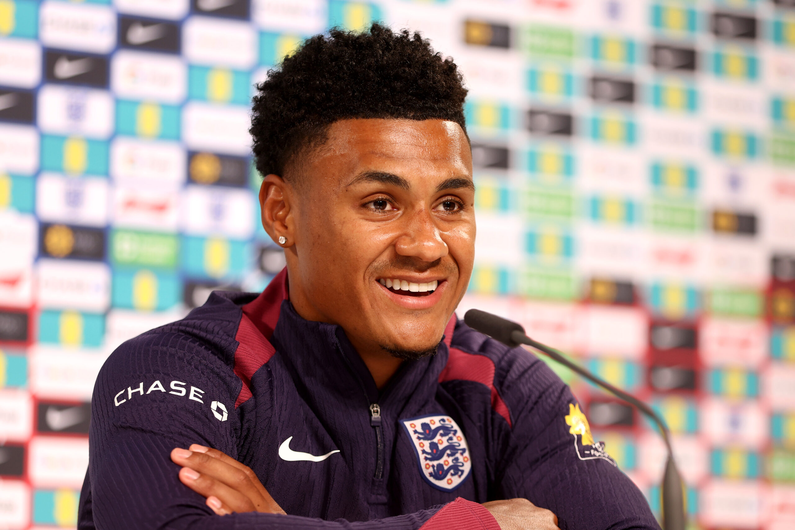 BLANKENHAIN, GERMANY - JULY 12: Ollie Watkins of England speaks to the media during a press conference at Spa & Golf Resort Weimarer Land on July 12, 2024 in Blankenhain, Germany.