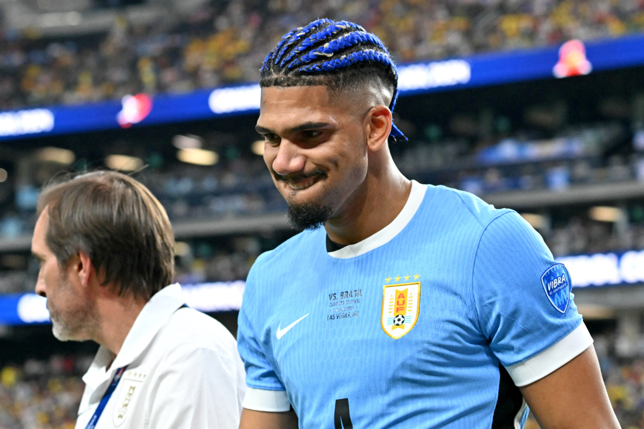 Uruguay's defender #04 Ronald Araujo leaves the pitch after picking up an injury during the Conmebol 2024 Copa America tournament quarterfinal football match between Uruguay and Brazil at Allegiant Stadium in Las Vegas, Nevada on July 6, 2024.