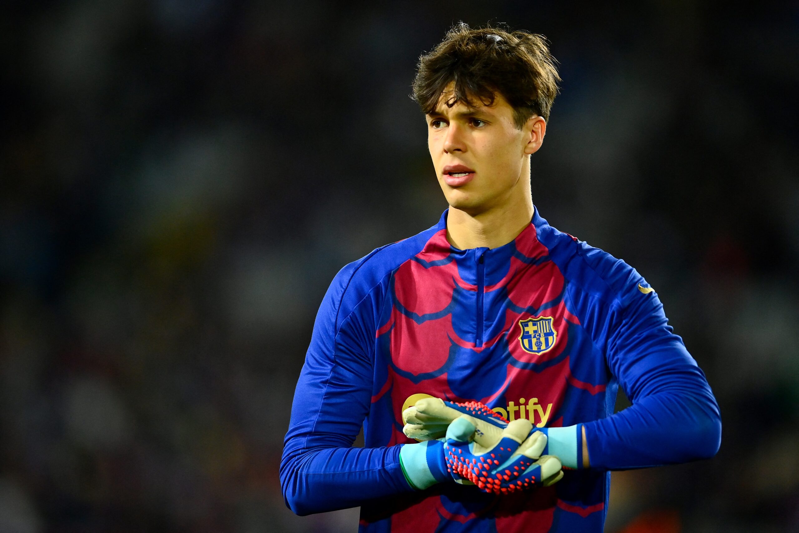 Barcelona US goalkeeper #31 Diego Kochen looks on before the start of the Spanish league football match between FC Barcelona and UD Las Palmas at the Estadi Olimpic Lluis Companys in Barcelona on March 30, 2024.