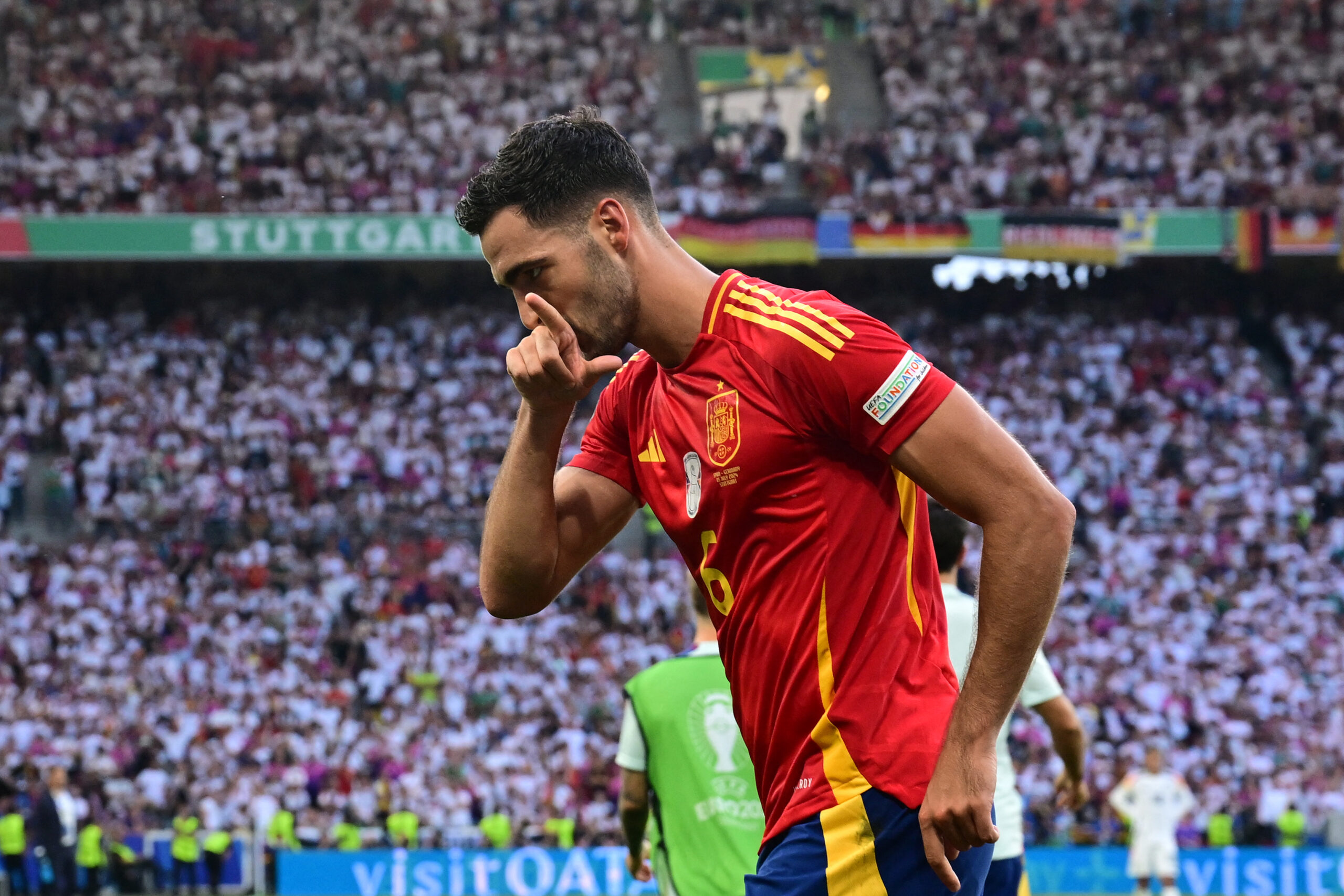 Spain's midfielder #06 Mikel Merino celebrates scoring his team's second goal during the UEFA Euro 2024 quarter-final football match between Spain and Germany at the Stuttgart Arena in Stuttgart on July 5, 2024.