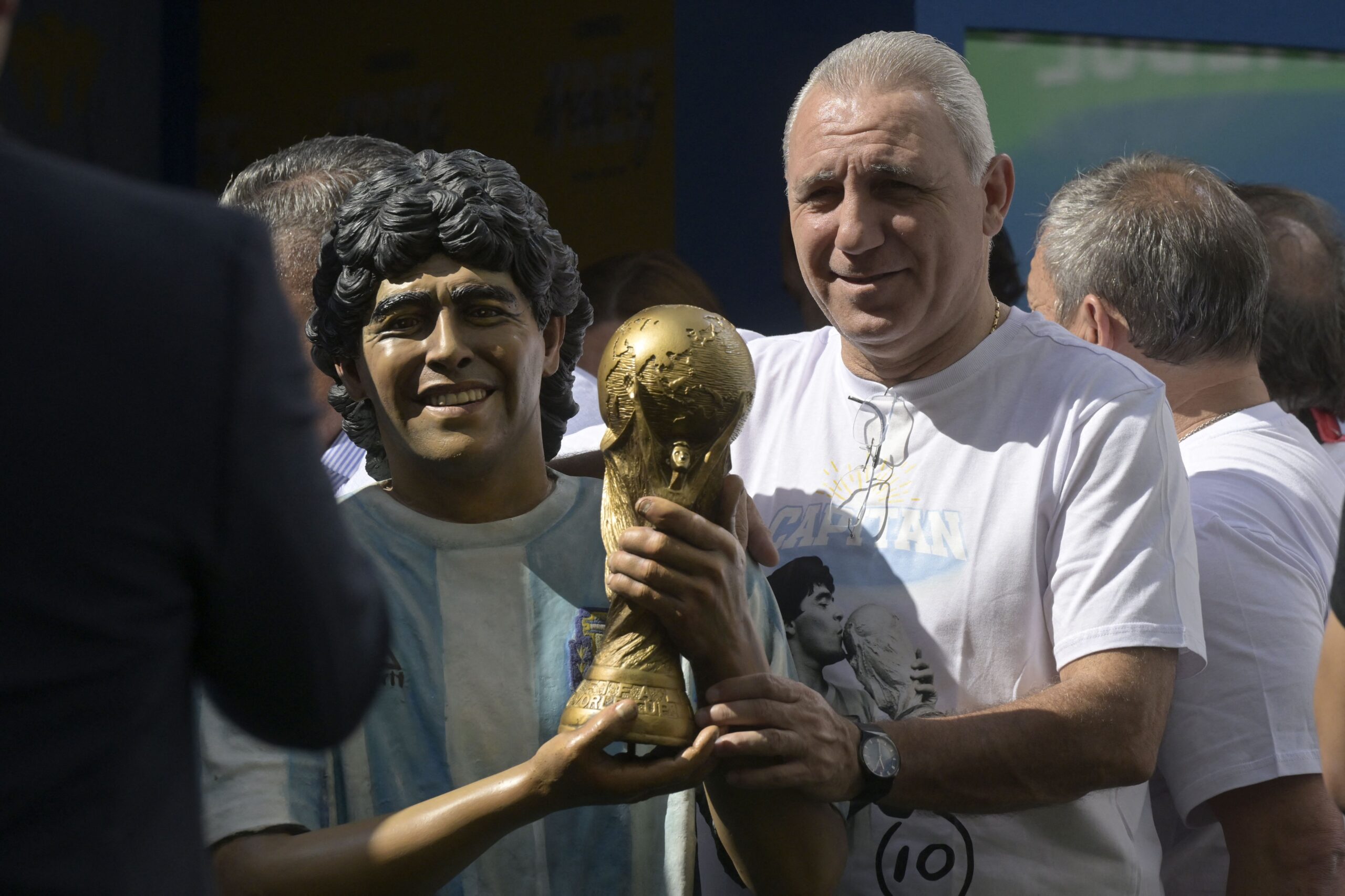 Bulgarian football legend Hristo Stoichkov pose during a tribute ceremony to late Argentine football star Diego Maradona on the 2nd anniversary of his death at CONMEBOL fan zone "Tree of dreams" during the Qatar 2022 World Cup football tournament in Doha, on November 25, 2022.