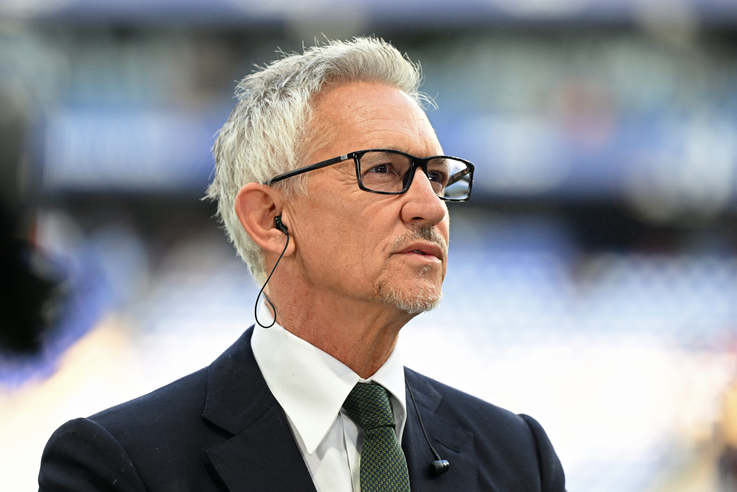 BARCELONA, SPAIN - MAY 14: Gary Linker is seen presenting for LaLigaTV prior to the LaLiga Santander match between RCD Espanyol and FC Barcelona at RCDE Stadium on May 14, 2023 in Barcelona, Spain.