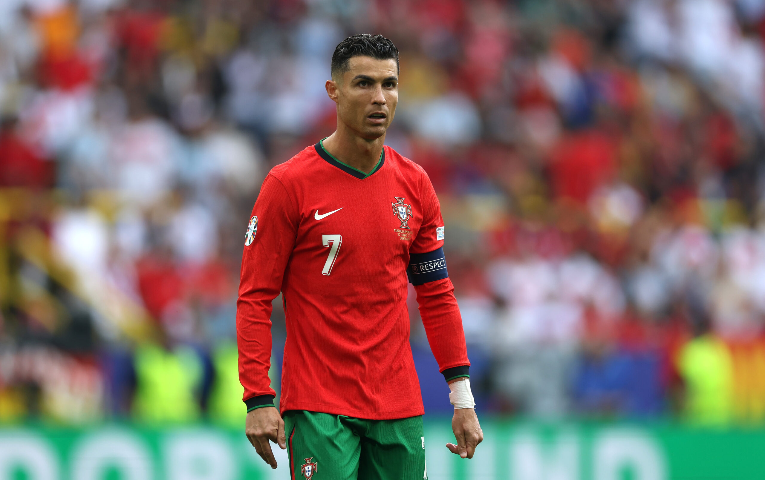 DORTMUND, GERMANY - JUNE 22: Cristiano Ronaldo of Portugal looks on during the UEFA EURO 2024 group stage match between Turkiye and Portugal at Football Stadium Dortmund on June 22, 2024 in Dortmund, Germany.