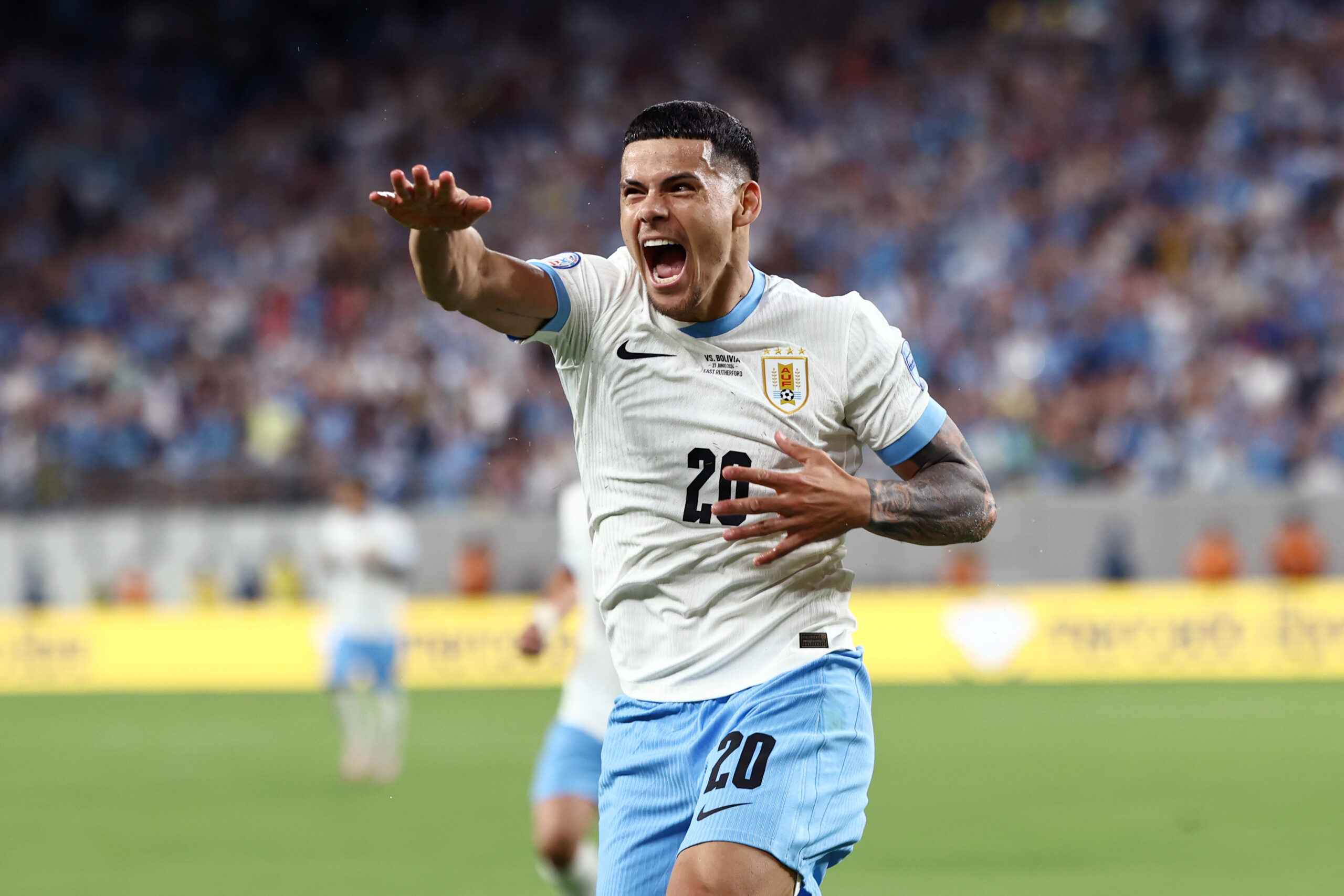 EAST RUTHERFORD, NEW JERSEY - JUNE 27: Maximiliano Araujo of Uruguay celebrates after scoring the team's third goal during the CONMEBOL Copa America 2024 Group C match between Uruguay and Bolivia at MetLife Stadium on June 27, 2024 in East Rutherford, New Jersey.