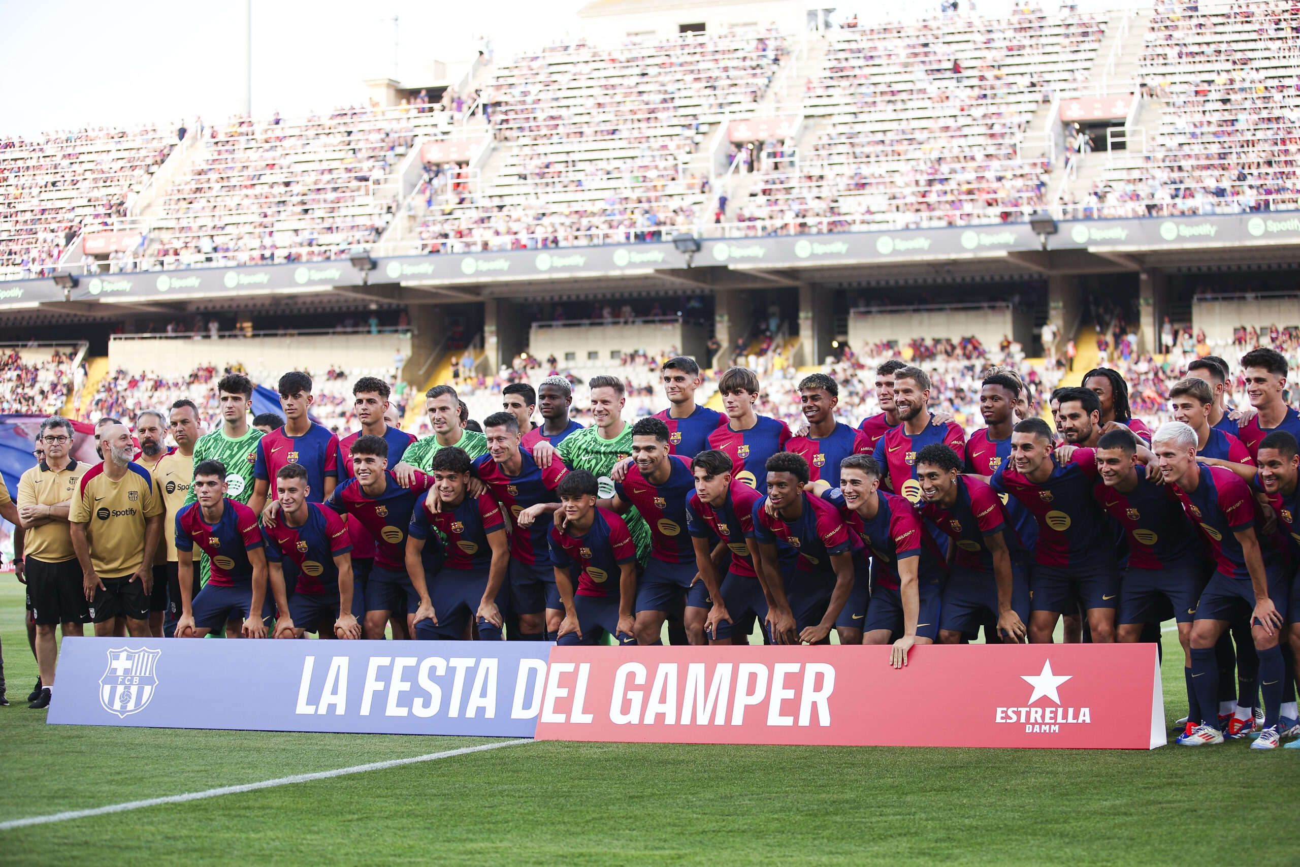 BARCELONA, SPAIN - AUGUST 12: FC Barcelona players pose for a picture prior the Joan Gamper Trophy match between FC Barcelona and AS Monaco at Estadi Olimpic Lluis Companys on August 12, 2024 in Barcelona, Spain.