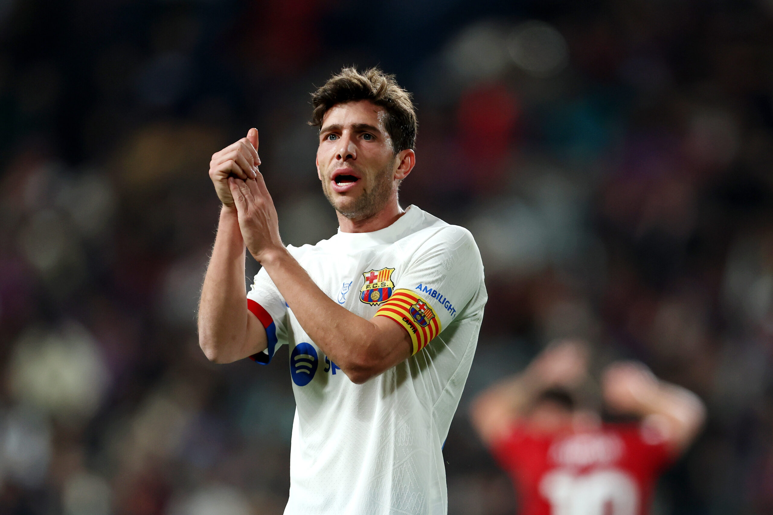 RIYADH, SAUDI ARABIA - JANUARY 11: Sergi Roberto of FC Barcelona reacts during the Super Copa de Espana Semi-Final match between FC Barcelona and CA Osasuna at Al-Awwal Park on January 11, 2024 in Riyadh, Saudi Arabia.